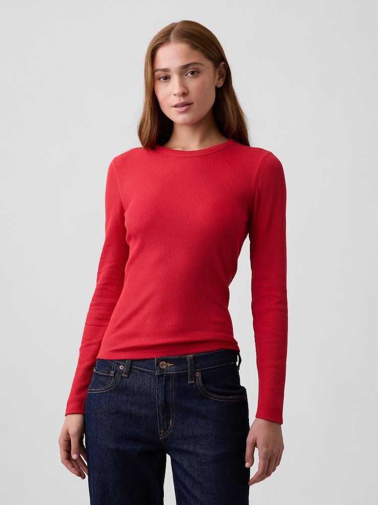 Gap Red Waffle Knit Long Sleeve T-Shirt - Image 1 of 5 Gap Red Waffle Knit Long Sleeve T-Shirt - Image 1 of 5