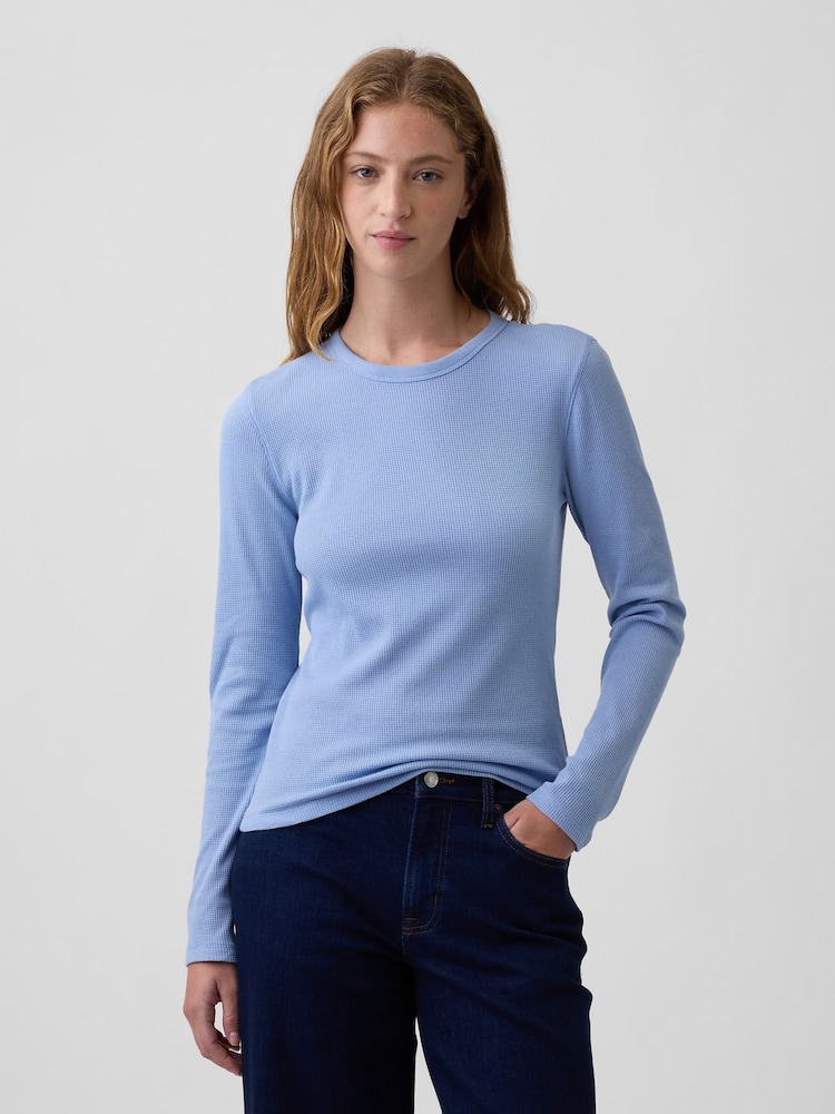 Gap Blue Waffle Knit Long Sleeve T-Shirt - Image 1 of 5 Gap Blue Waffle Knit Long Sleeve T-Shirt - Image 1 of 5