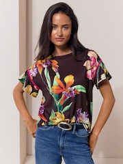 Lipsy Brown Floral Printed Flutter Sleeve T-Shirt - Image 1 of 5