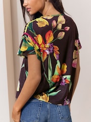 Lipsy Brown Floral Printed Flutter Sleeve T-Shirt - Image 5 of 5