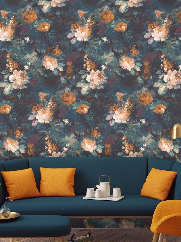Woodchip & Magnolia Teal Blue Ava Marika Wallpaper - Image 1 of 3