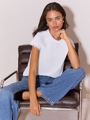 Lipsy White Cap Sleeve Scallop Trim Detail T-Shirt - Image 3 of 5