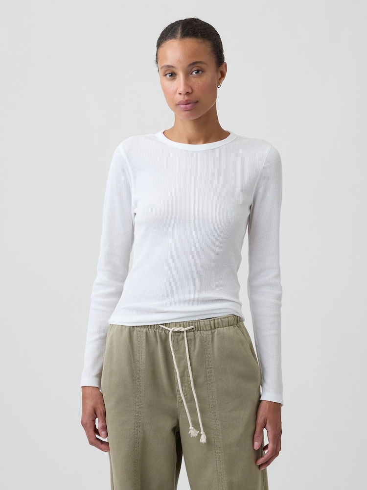 Gap White Waffle Knit Long Sleeve T-Shirt - Image 1 of 5 Gap White Waffle Knit Long Sleeve T-Shirt - Image 1 of 5