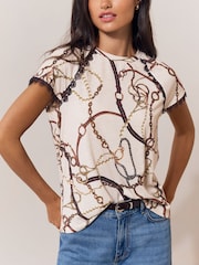 Lipsy Cream Chain Printed Cap Sleeve Scallop Trim Detail T-Shirt - Image 1 of 5