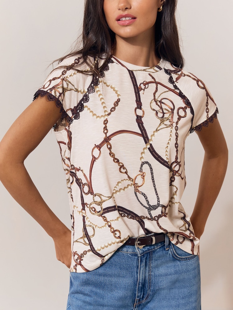 Lipsy Cream Chain Printed Cap Sleeve Scallop Trim Detail T-Shirt - Image 1 of 5