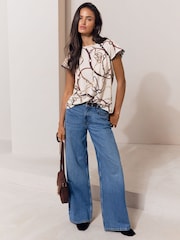 Lipsy Cream Chain Printed Cap Sleeve Scallop Trim Detail T-Shirt - Image 3 of 5