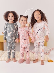 Rose/lapin gris - Manches longues imprimées 100% Cotton Se blottir Pyjamas 3 Lot (9mths-8yrs) - Image 1 de 9