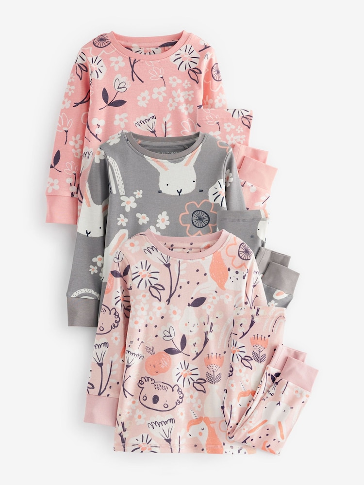 Rose/lapin gris - Manches longues imprimées 100% Cotton Se blottir Pyjamas 3 Lot (9mths-8yrs) - Image 5 of 9