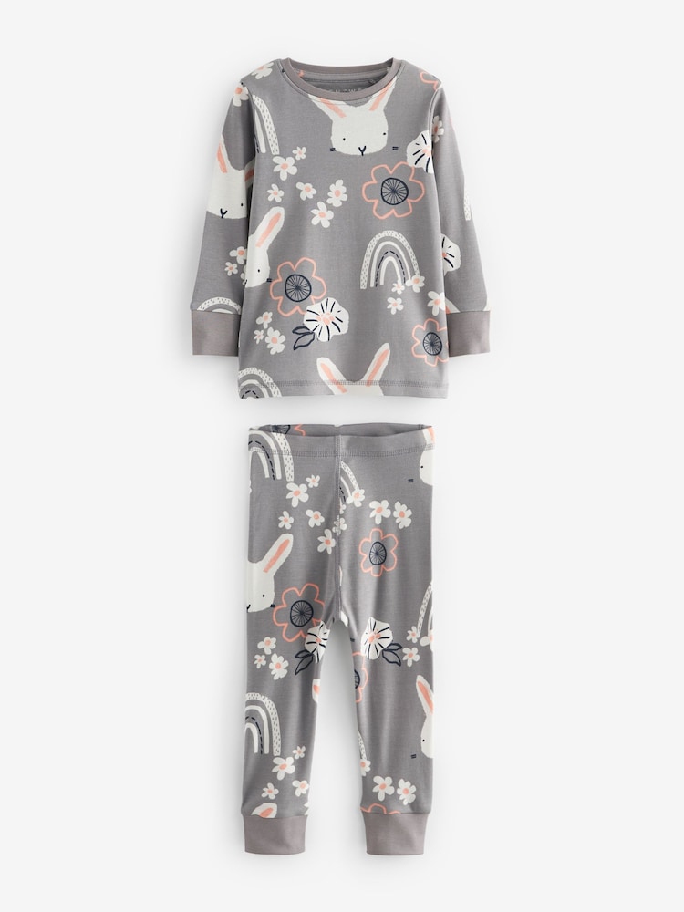 Rose/lapin gris - Manches longues imprimées 100% Cotton Se blottir Pyjamas 3 Lot (9mths-8yrs) - Image 6 of 9