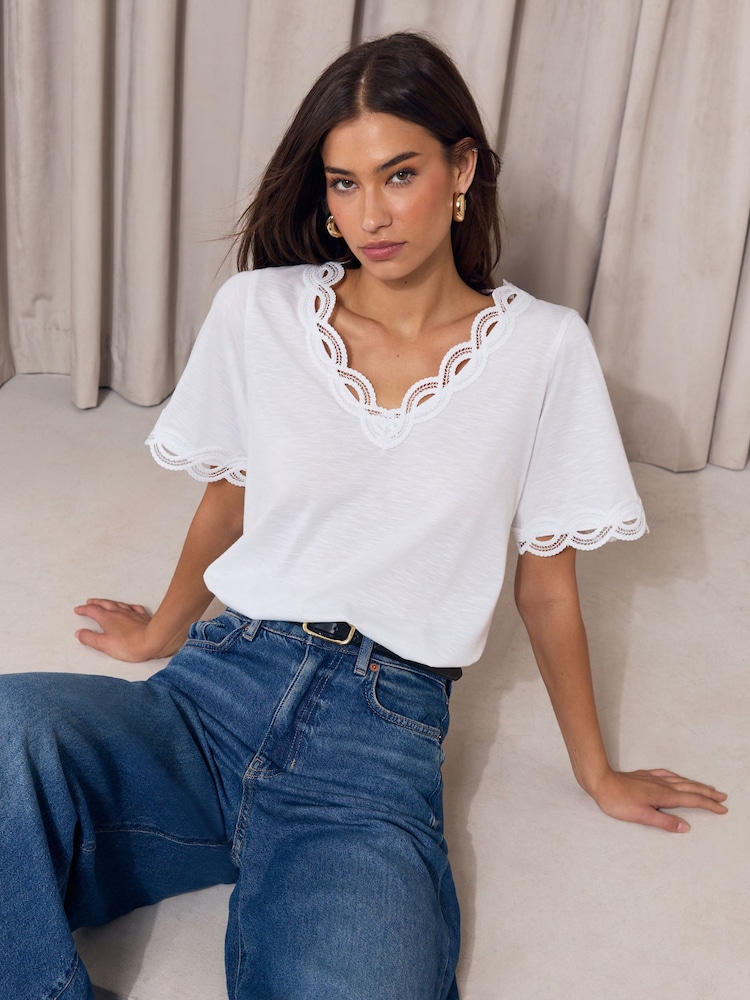 Lipsy White V-Neck Trim Detail T-Shirt - Image 1 of 5