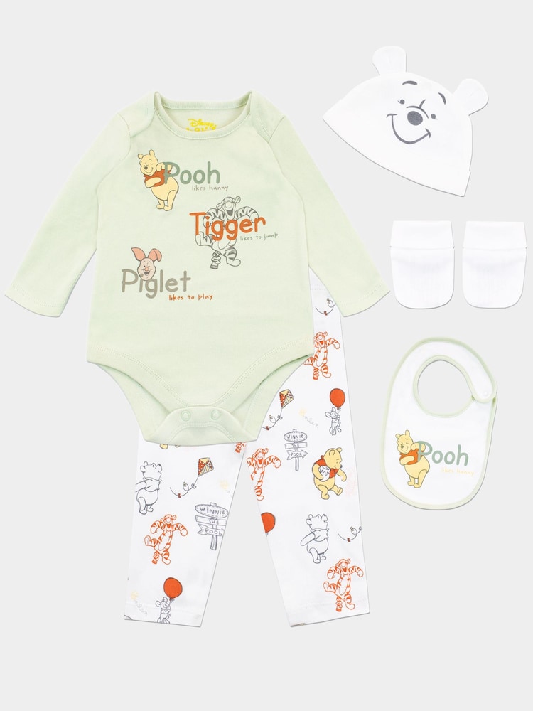 Character White Baby Winnie The Pooh Sleepsuit Bodysuit Hat And Bib 4 Piece Set - Image 1 of 5