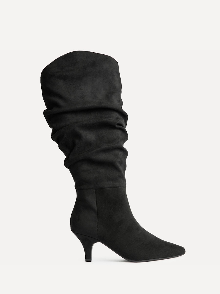 Linzi Black Assured Wide Fit Ruched Kitten Heel High Leg Boots - Image 2 of 5