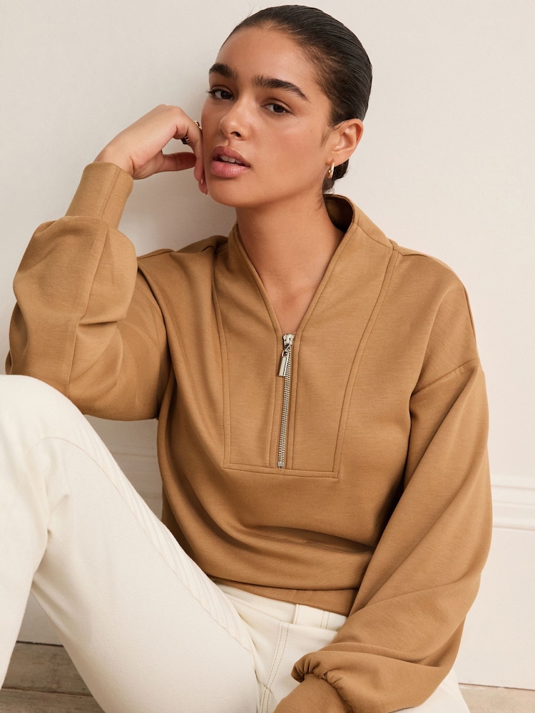 Neutral Slinky Notch Neck Long Sleeve Quarter Zip Sweatshirt - Image 1 of 7