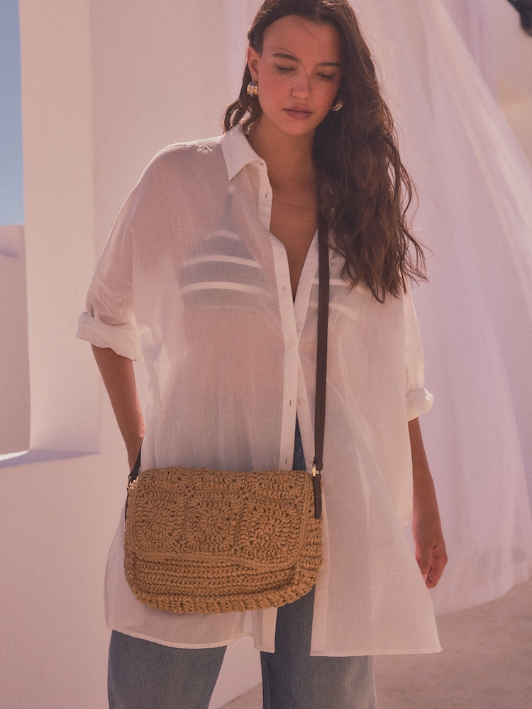 Tan Brown Knit Raffia Patchwork Cross-Body Bag - Image 2 of 9 Tan Brown Knit Raffia Patchwork Cross-Body Bag - Image 2 of 9