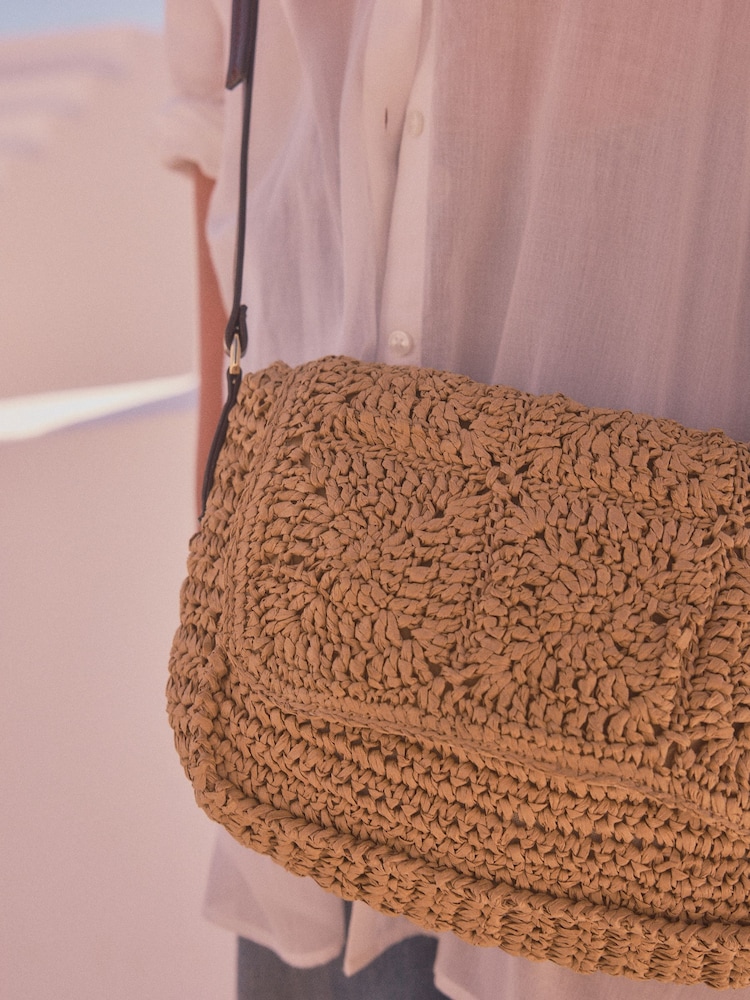 Tan Brown Knit Raffia Patchwork Cross-Body Bag - Image 9 of 9 Tan Brown Knit Raffia Patchwork Cross-Body Bag - Image 9 of 9