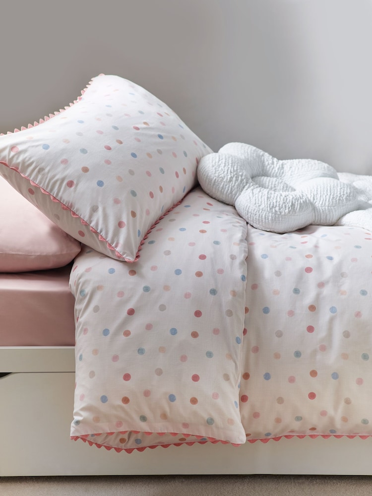 Pink/Cream Polka Dot Printed Polycotton Duvet Cover and Pillowcase Bedding Set - Image 1 of 8