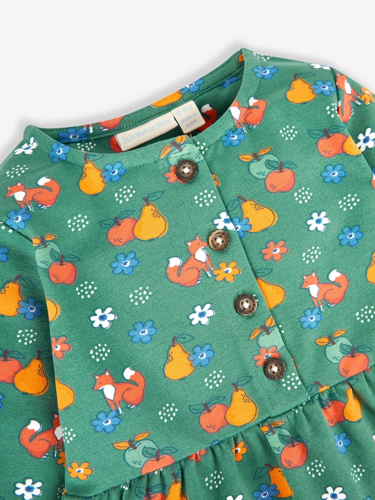 JoJo Maman Bébé Green Fox & Fruit Button Front Dress - Image 4 of 4