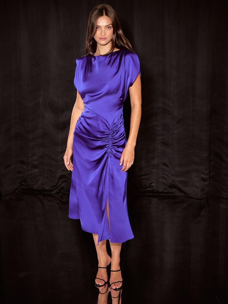 Lipsy Cobalt Blue Satin Ruched Short Sleeve Fit And Flare Maxi Dress - Image 1 of 6