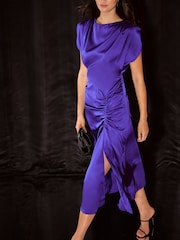 Lipsy Cobalt Blue Satin Ruched Short Sleeve Fit And Flare Maxi Dress - Image 5 of 6