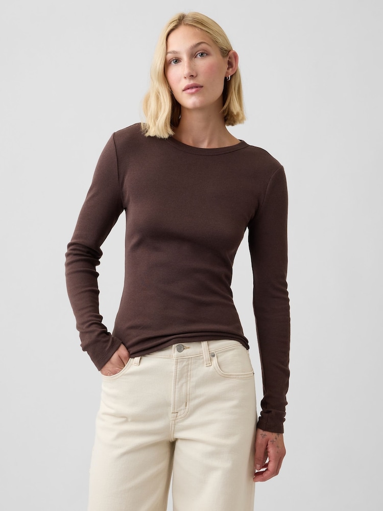 Gap Brown Modern Ribbed Long Sleeve T-Shirt - Image 1 of 5 Gap Brown Modern Ribbed Long Sleeve T-Shirt - Image 1 of 5