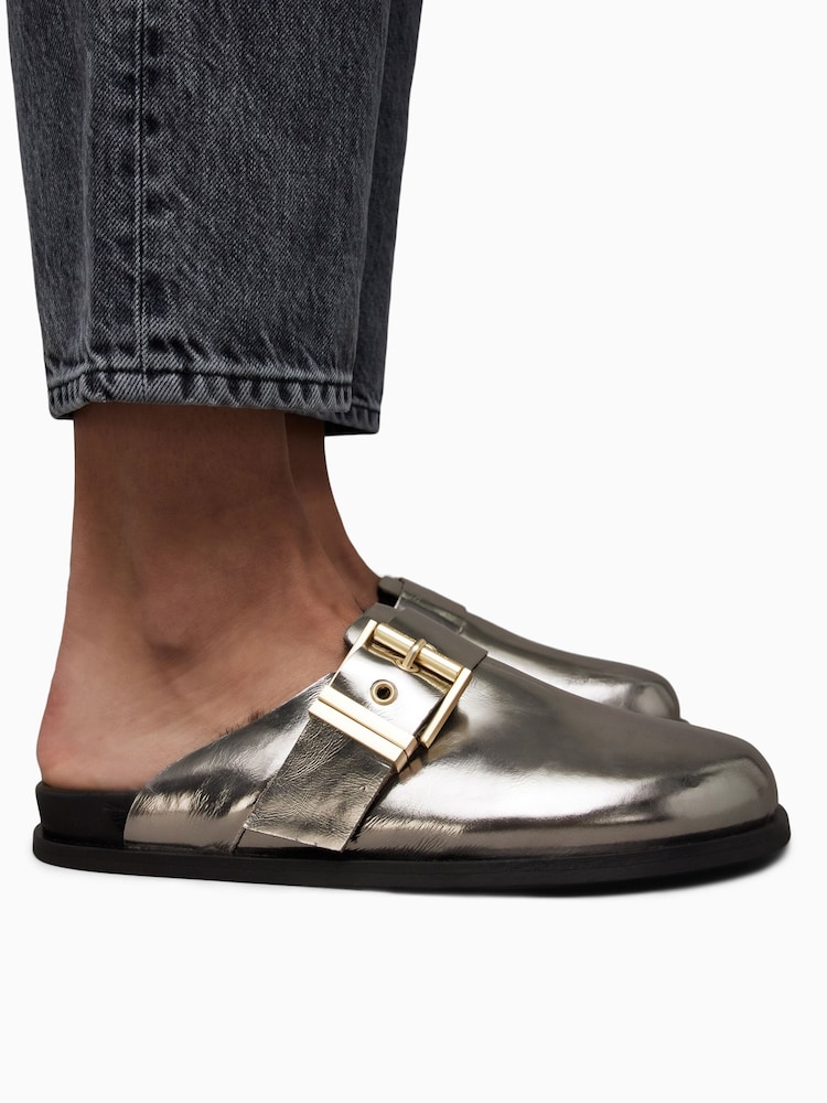 AllSaints Silver Venus Shearling Mules - Image 1 of 7