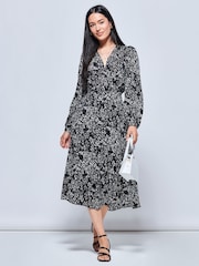 Jolie Moi Crepe Wrap Long Sleeve Black Midi Dress - Image 1 of 5
