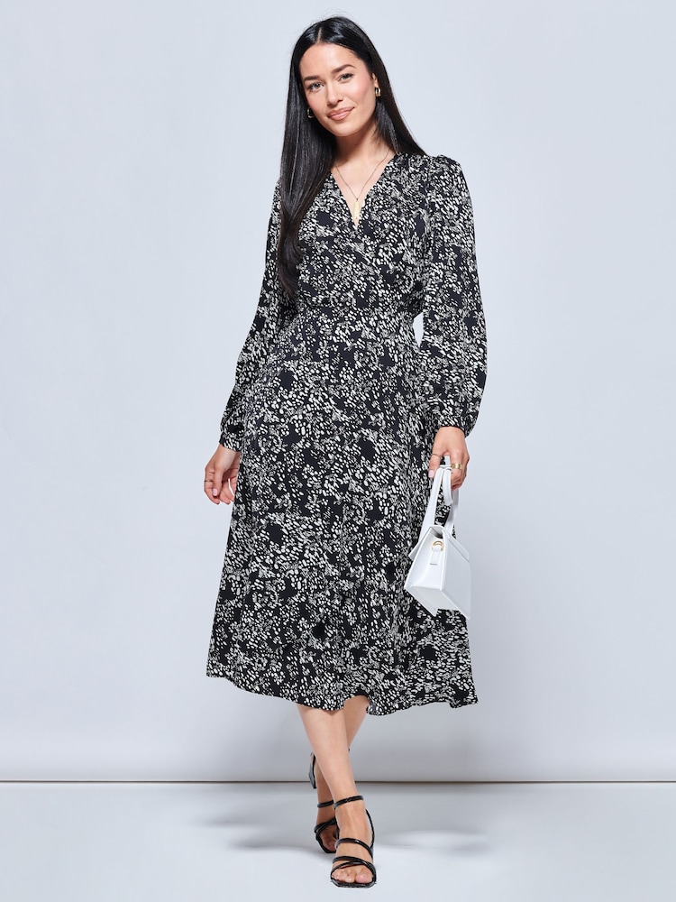 Jolie Moi Crepe Wrap Long Sleeve Black Midi Dress - Image 1 of 5
