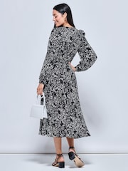 Jolie Moi Crepe Wrap Long Sleeve Black Midi Dress - Image 2 of 5