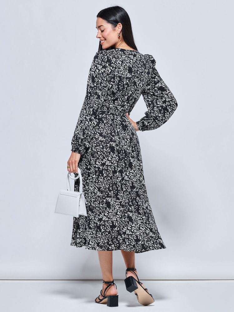 Jolie Moi Crepe Wrap Long Sleeve Black Midi Dress - Image 2 of 5