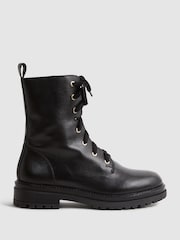 Reiss Black Jenna Leather Lace-Up Boots - Image 1 of 6