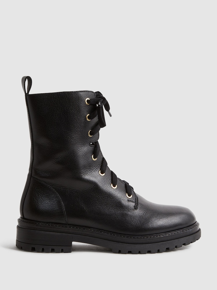 Reiss Black Jenna Leather Lace-Up Boots - Image 1 of 6