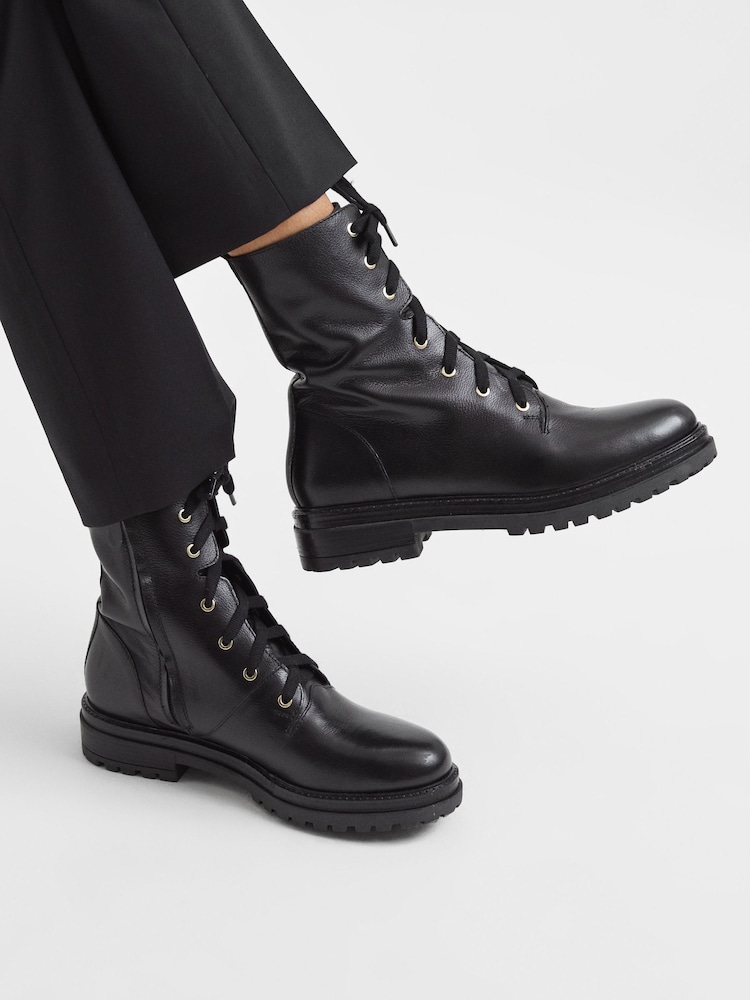 Reiss Black Jenna Leather Lace-Up Boots - Image 2 of 6