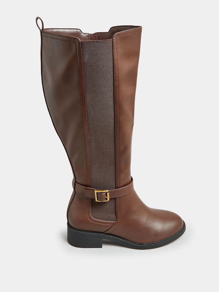 Yours Curve Brown Extra-Wide Fit Metal Strap Knee Boots - Image 2 of 5 Yours Curve Brown Extra-Wide Fit Metal Strap Knee Boots - Image 2 of 5