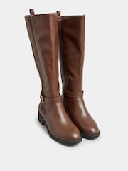 Yours Curve Brown Extra-Wide Fit Metal Strap Knee Boots - Image 3 of 5
