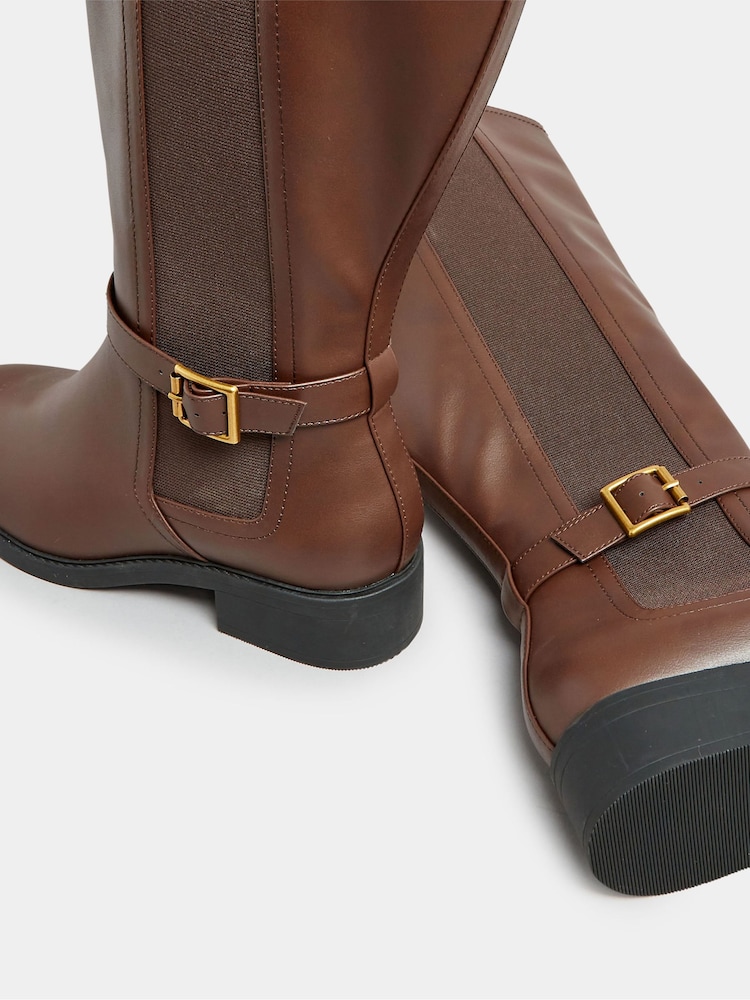 Yours Curve Brown Extra-Wide Fit Metal Strap Knee Boots - Image 5 of 5
