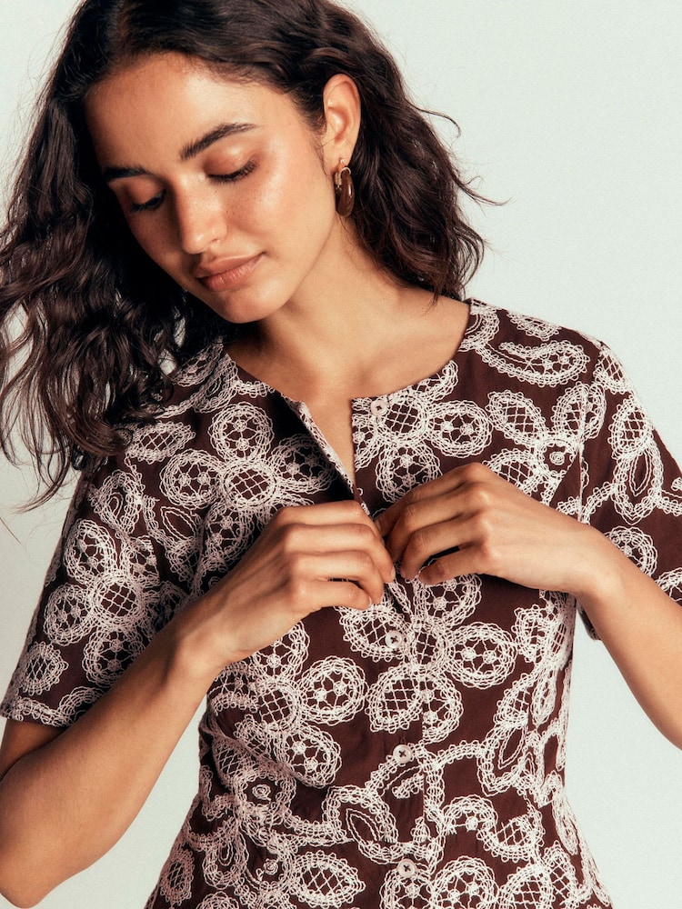 Boden Brown Embroidered Peplum Top - Image 1 of 5