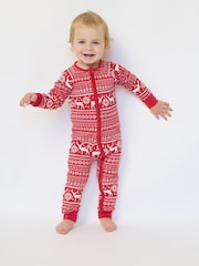 The Little Tailor Red Cotton Reindeer Fairisle Pattern Christmas Onesie - Image 1 of 5