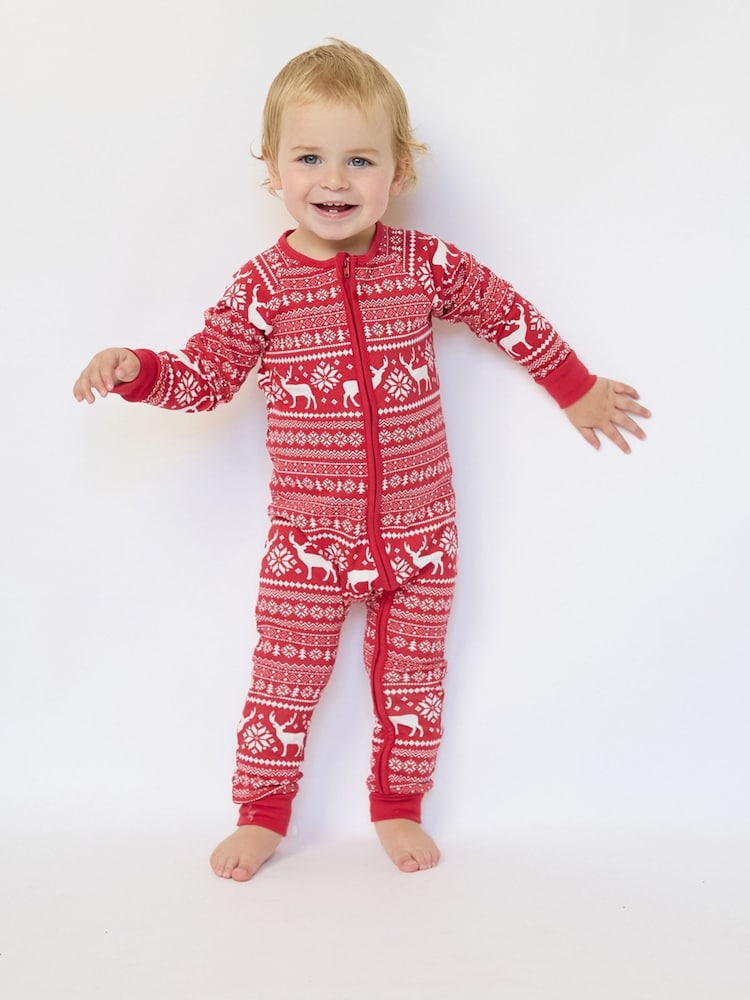 The Little Tailor Red Cotton Reindeer Fairisle Pattern Christmas Onesie - Image 1 of 5 The Little Tailor Red Cotton Reindeer Fairisle Pattern Christmas Onesie - Image 1 of 5
