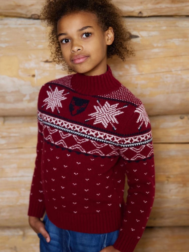 The Little Tailor Red Wool Blend Reindeer Motif Turtle Neck Christmas Jumper - Image 2 of 7