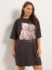 Yours Curve Brown 'Snuggle Up' Teddy Sleep T-Shirt - Image 1 of 6