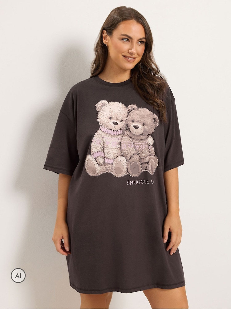 Yours Curve Brown 'Snuggle Up' Teddy Sleep T-Shirt - Image 1 of 6 Yours Curve Brown 'Snuggle Up' Teddy Sleep T-Shirt - Image 1 of 6