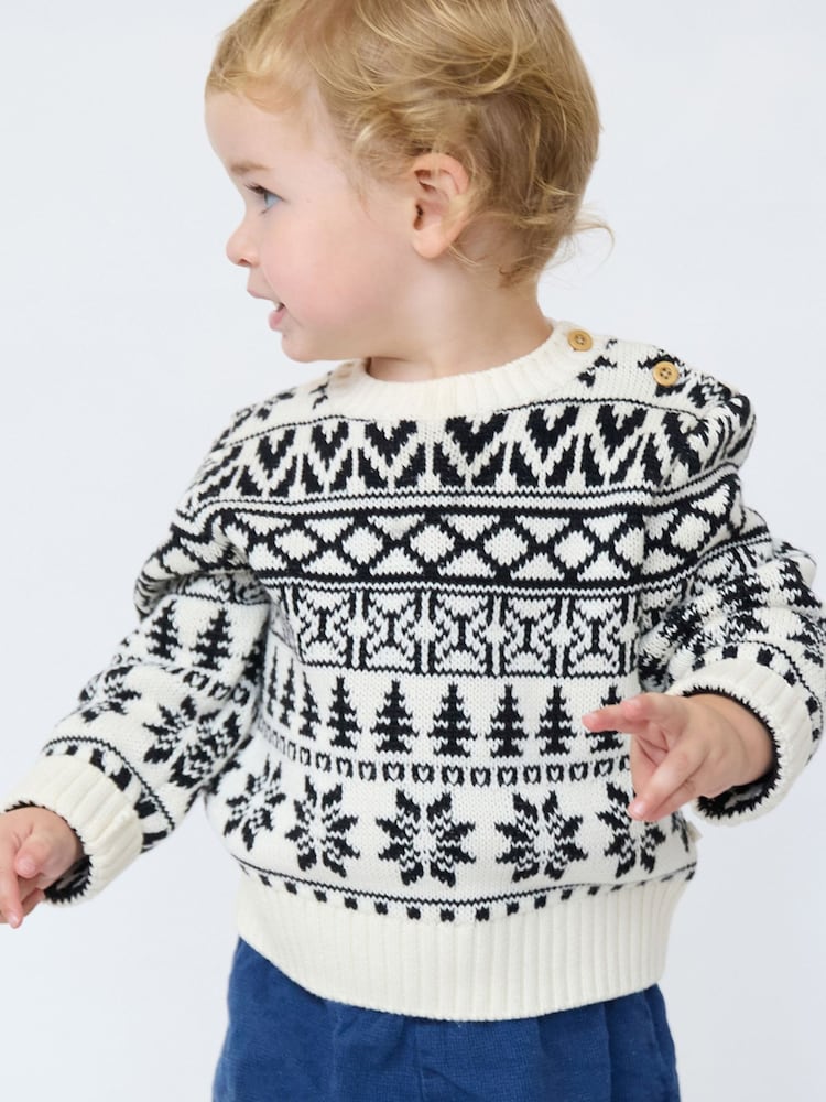 The Little Tailor Cream/Black Cotton Winter Fairisle Christmas Jumper - Image 2 of 6