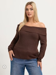 Yours Curve Brown Limited Bardot Knitted Jumper - Image 1 of 6