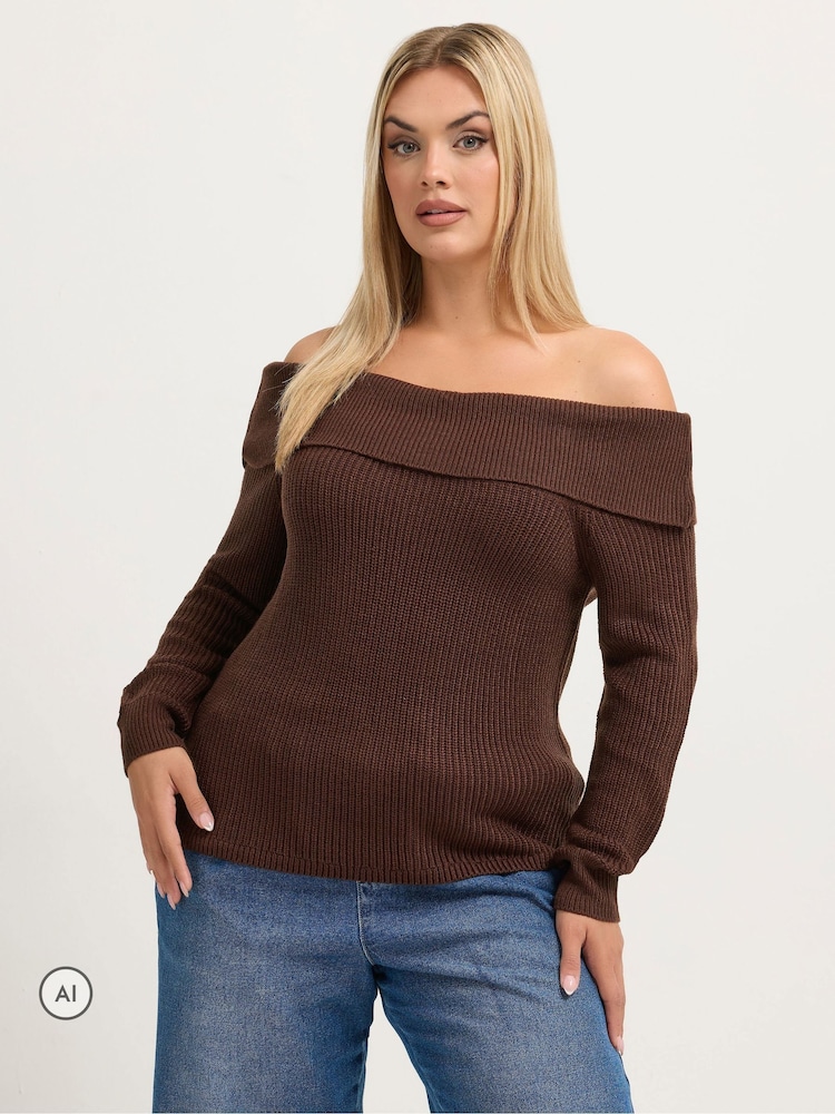 Yours Curve Brown Limited Bardot Knitted Jumper - Image 1 of 6 Yours Curve Brown Limited Bardot Knitted Jumper - Image 1 of 6