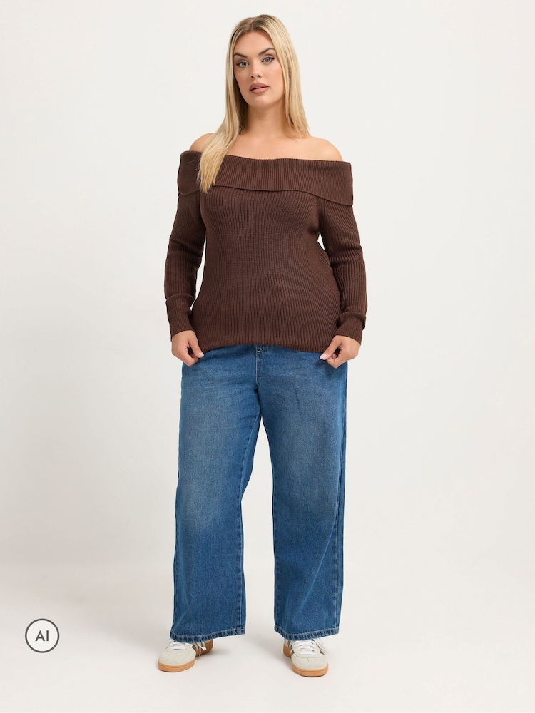 Yours Curve Brown Limited Bardot Knitted Jumper - Image 2 of 6 Yours Curve Brown Limited Bardot Knitted Jumper - Image 2 of 6