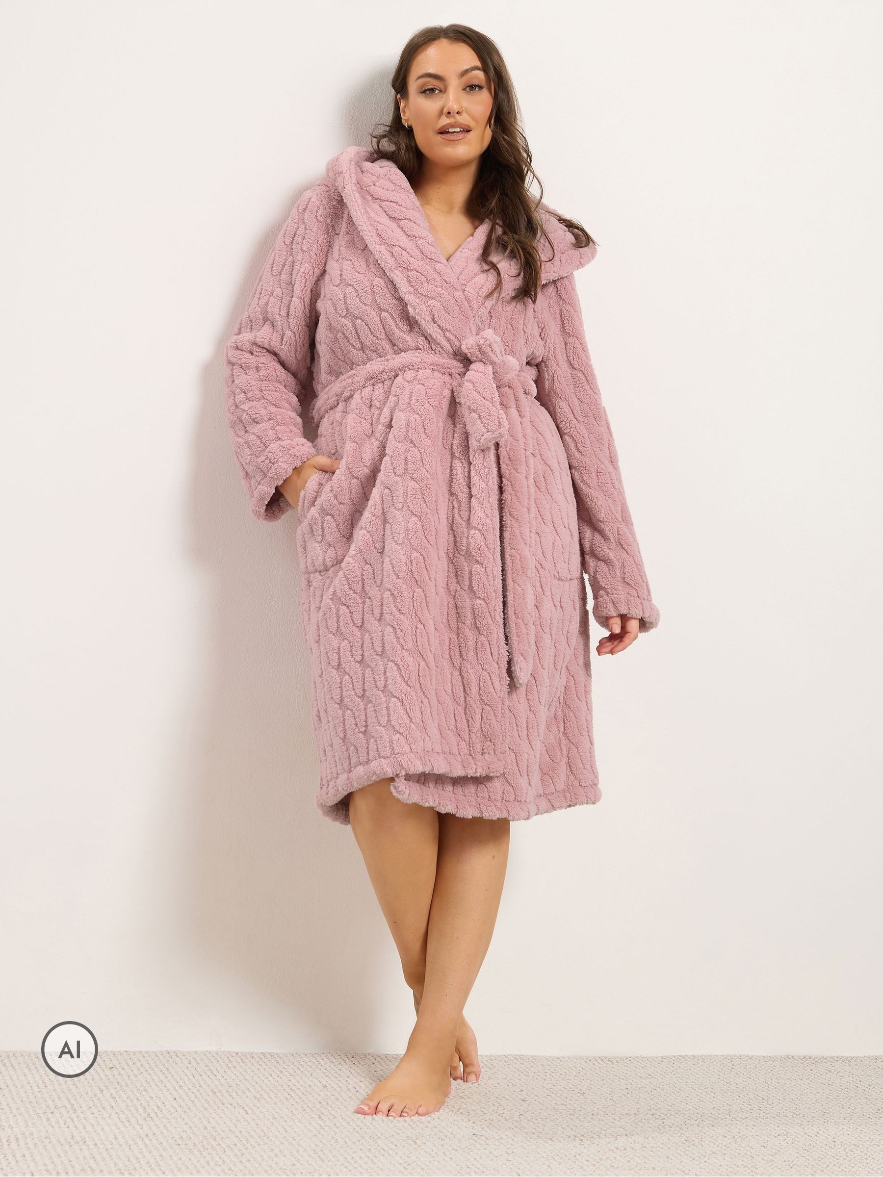Yours Women's Pink Cable Hooded Dressing Gown In Size 38-40 - Image 2