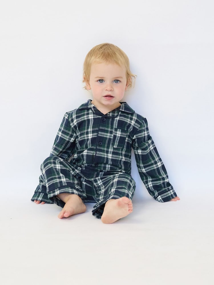 The Little Tailor Blue Checked Flannel Button Through Christmas Onesie - Image 2 of 5
