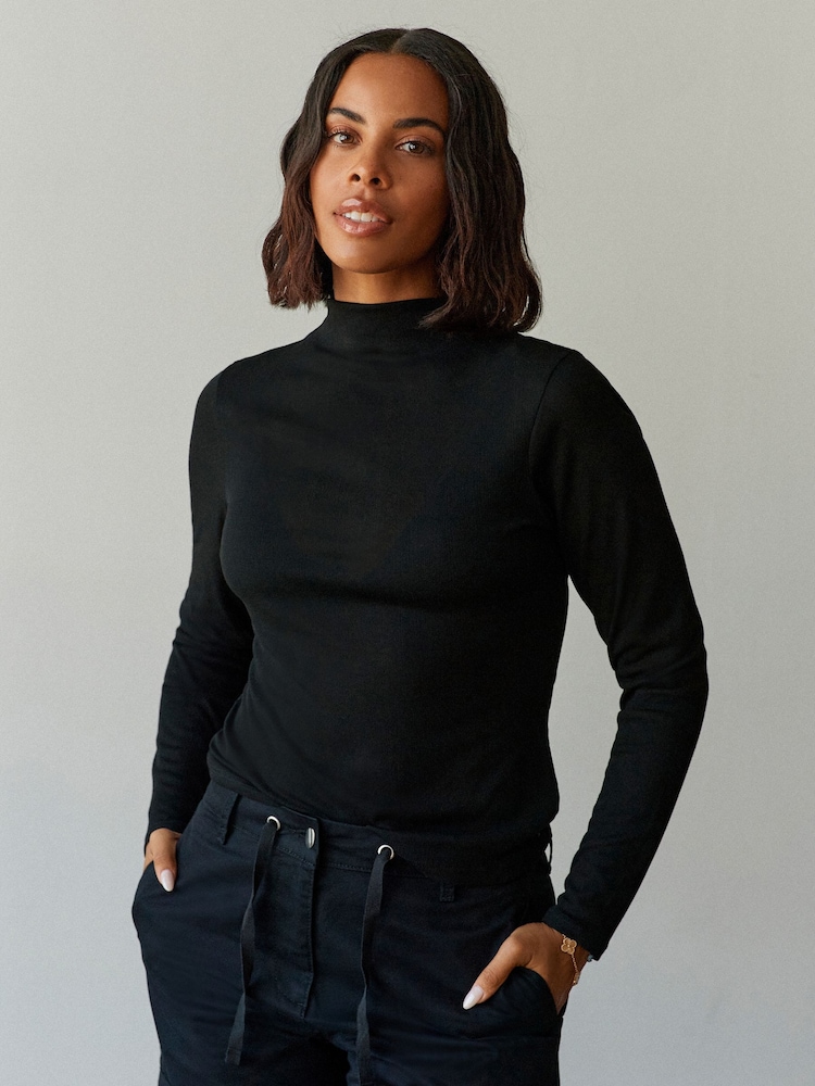 Black Long Sleeve Ribbed Roll Neck Top - Image 2 of 7