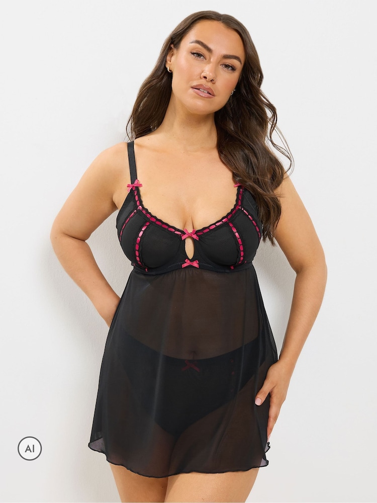 Yours Curve Black Ribbon Mesh Babydoll - Image 1 of 5 Yours Curve Black Ribbon Mesh Babydoll - Image 1 of 5