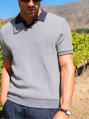 Peckham Rye Blue Open Collar Short Sleeves Knitted Polo - Image 4 of 7